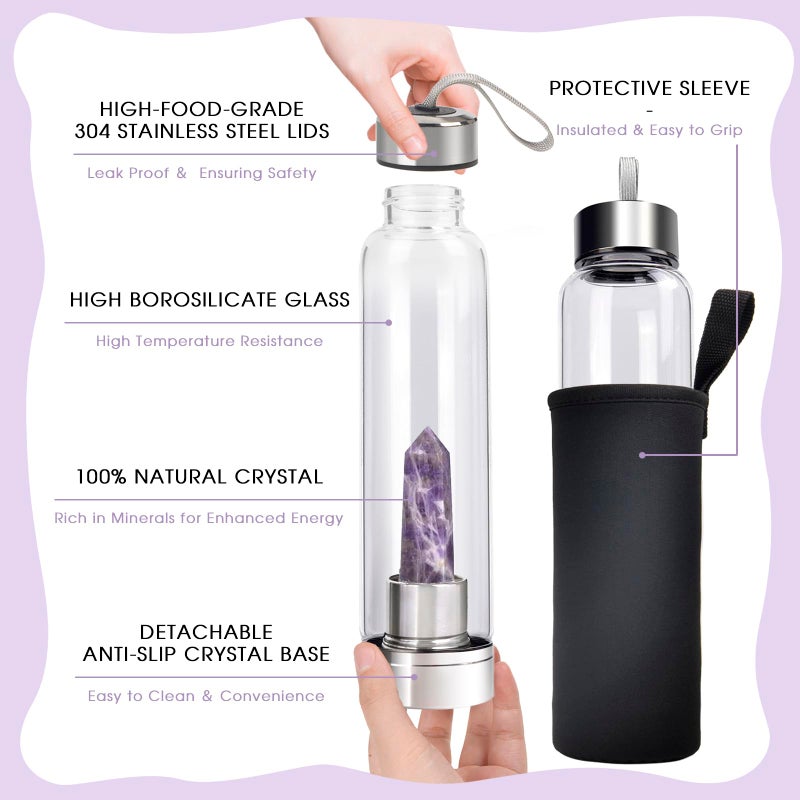 ChezMax Crystal Glass Water Bottle Energy Quartz Gemstone Water Bottle with Changeable Natural Crystal Center for Healing and Wellness - Image 3